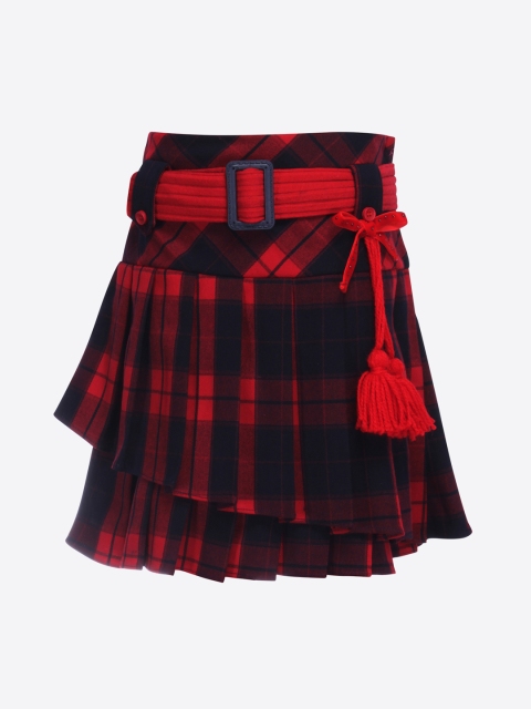 

CUTECUMBER Girls Red & Navy-Blue Checked A-Line Knee-Length Woollen Skirt
