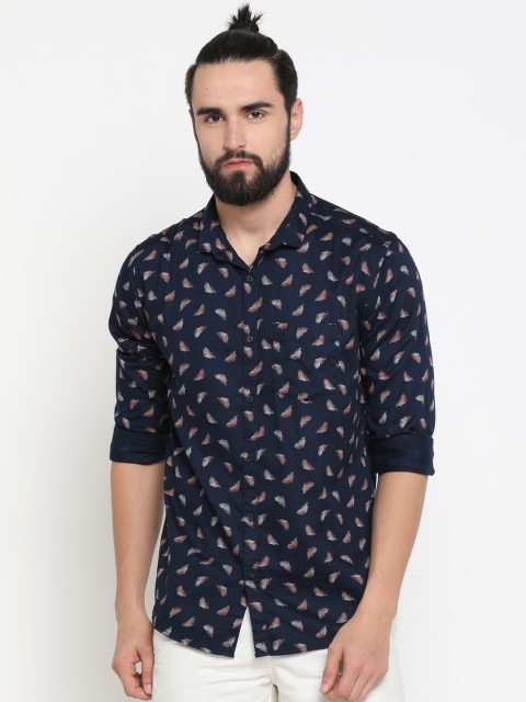 

SHOWOFF Men Navy Blue & Coral Orange Printed Slim Fit Casual Shirt