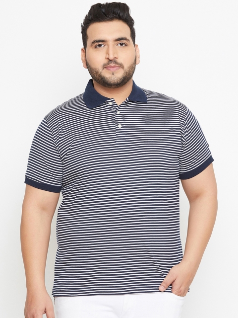 

bigbanana Plus Size Men Navy Blue Striped Polo Collar T-shirt