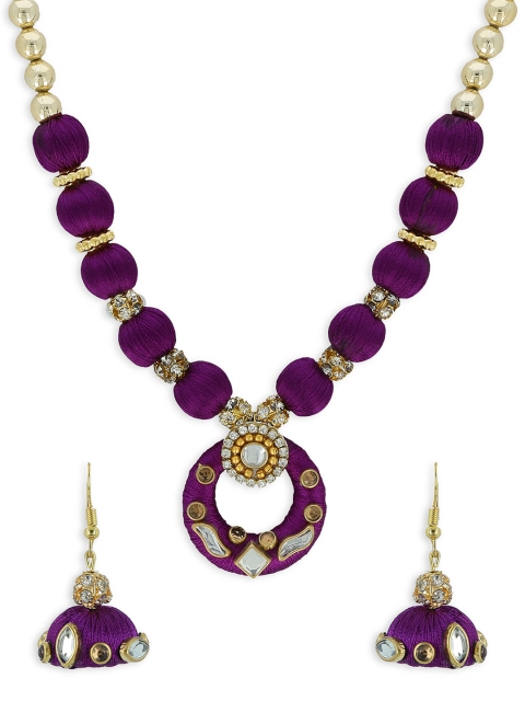 

AKSHARA Girls Purple & Gold-Toned Kundan Studded Handcrafted Beaded Jewellery Set