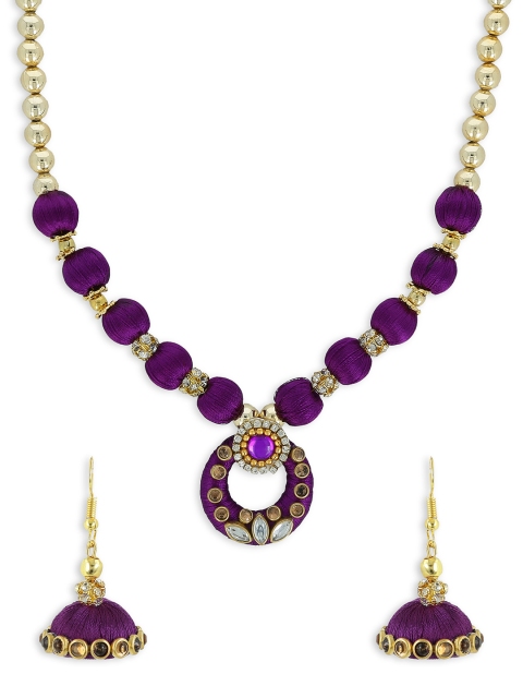 

AKSHARA Girls Purple & Gold-Toned Kundan Studded Handcrafted Beaded Jewellery Set