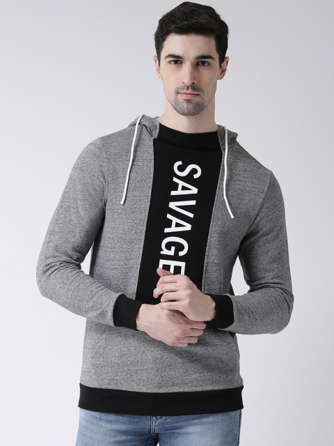 

Leo Sansini Men Grey Melange & Black Printed Hooded Sweatshirt