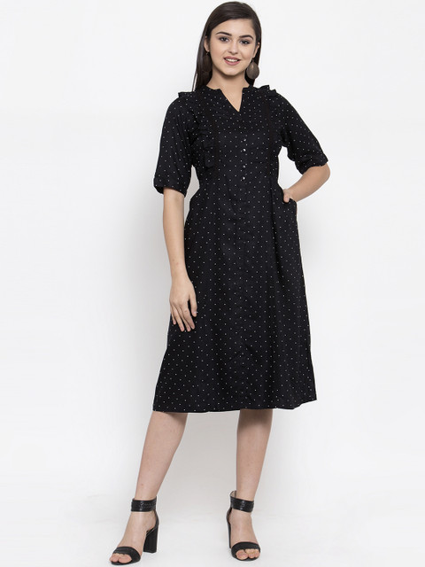 

Ayaany Women Black Polka Dots Fit and Flare Dress