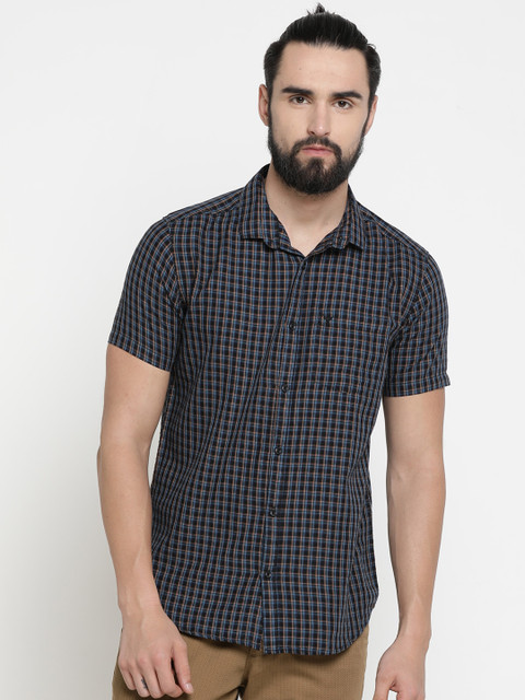 

SHOWOFF Men Navy Blue & Orange Checked Slim Fit Casual Shirt