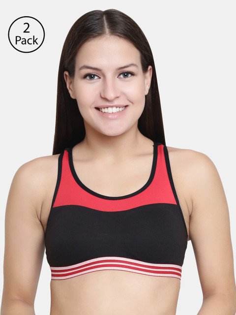 

Floret Pack of 2 Colourblocked Non-Wired Non Padded Sports Bra T3048, Black