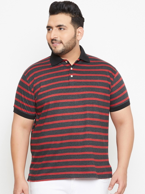 

bigbanana Plus Size Men Grey Striped Polo Collar T-shirt, Charcoal