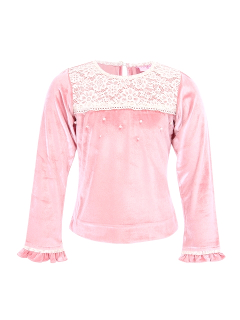 

CUTECUMBER Girls Pink Solid Velvet Lace Detail Top
