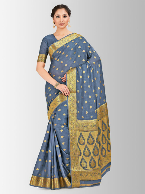 

MIMOSA Blue & Gold-Toned Poly Crepe Woven Design Mysore Silk Saree