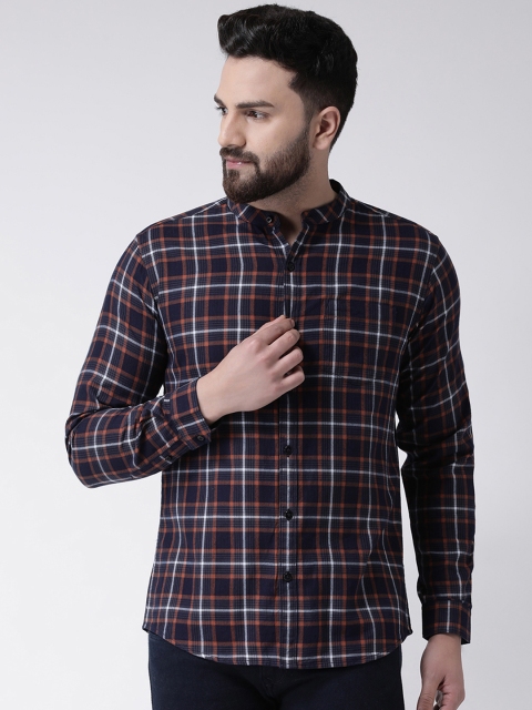 

Club York Men Navy Blue & Brown Slim Fit Checked Casual Shirt