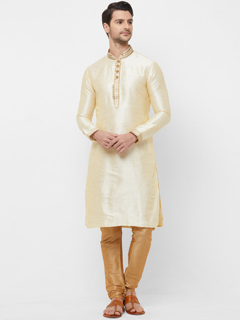 

N Dot Men Cream-Coloured & Beige Solid Kurta with Churidar