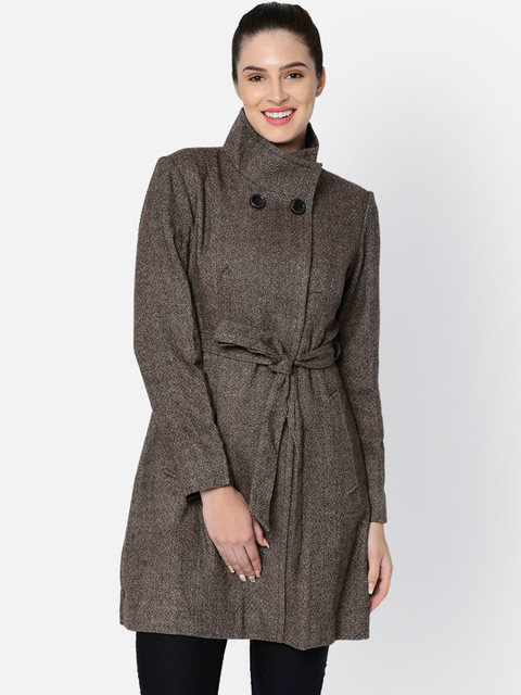 

Owncraft Women Brown Solid Single-Breasted Longline Herringbone Woolen Overcoat
