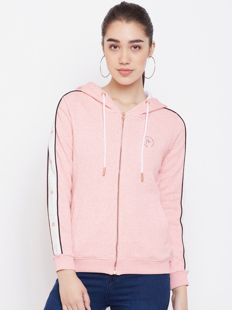 

METTLE Women Pink Solid Hooded Sweatshirt