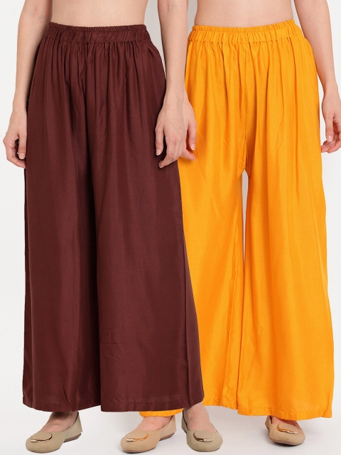 

TAG 7 Women Pack Of 2 Brown & Yellow Solid Flared Palazzos