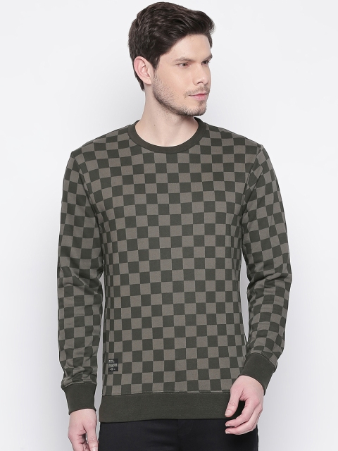 

Mufti Men Olive Green Checked Round Neck T-shirt