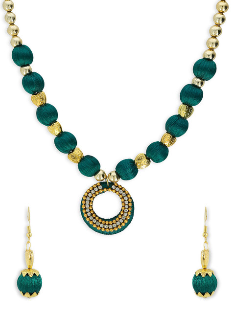 

AKSHARA Girls Green & Gold-Toned Stone-Studded Handcrafted Beaded Jewellery Set