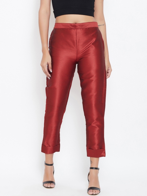 

Meee Women Maroon Regular Fit Solid Silk Cigarette Trousers