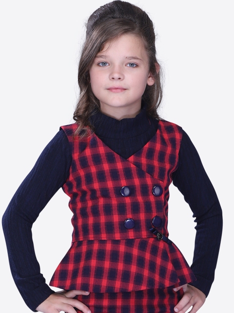 

CUTECUMBER Girls Navy Blue & Red Checked Top With Waistcoat