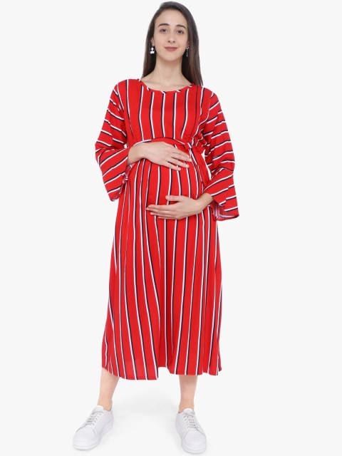 

MomToBe Women Red Striped Fit and Flare Maternity Dress