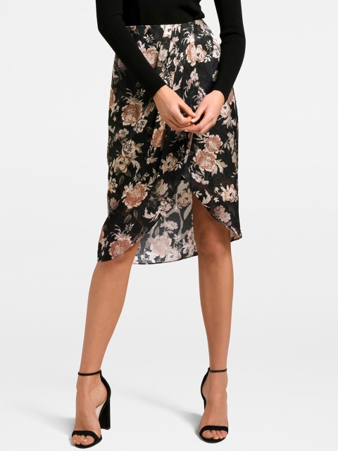 

Forever New Women Black & Beige Floral Print Wrap Knee-Length Skirt