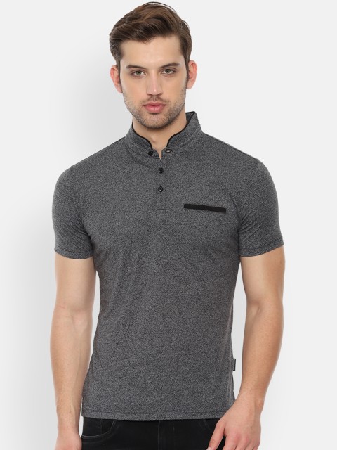 

V Dot Men Charcoal Grey Solid Slim Fit Mandarin Collar T-shirt