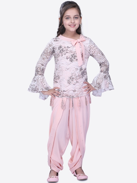 

CUTECUMBER Girls Pink & Grey Printed Top with Dhoti Pants