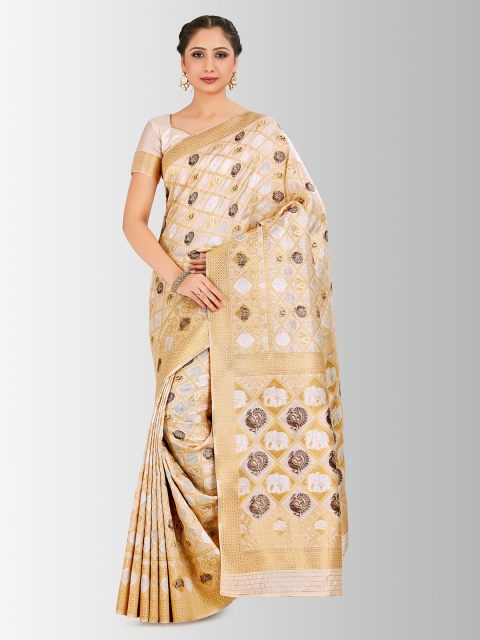 

MIMOSA Beige & Gold-Coloured Art Silk Woven Design Kanjeevaram Saree