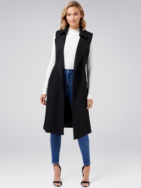 

Forever New Women Black Solid Lightweight Longline Open Front Jacket