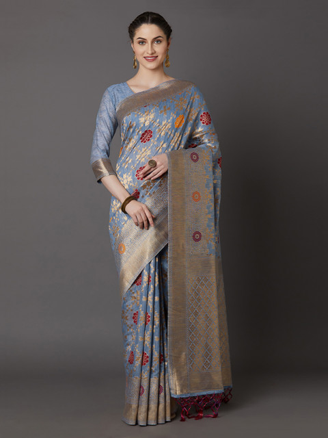 

Mitera Blue & Gold-Toned Silk Blend Woven Design Kanjeevaram Saree