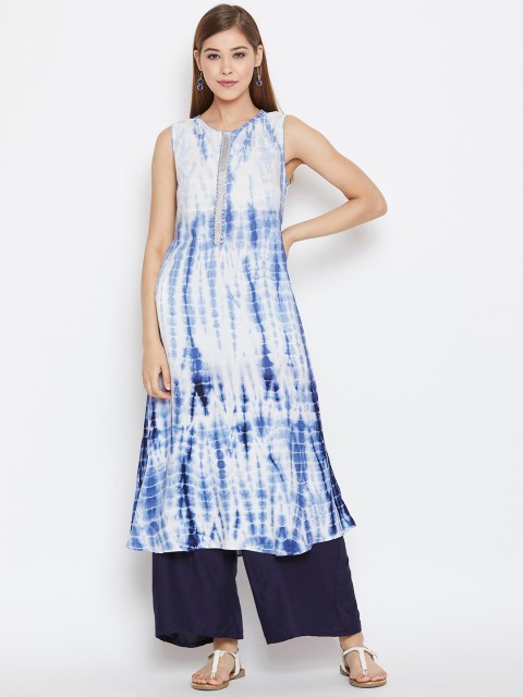 

studio rasa Women Navy Blue & White Tie & Dye A-Line Kurta
