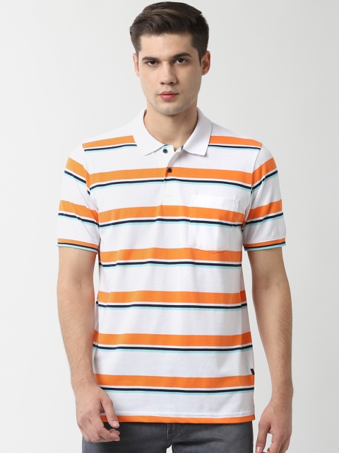 

Peter England Casuals Men White & Orange Striped Polo Collar T-shirt