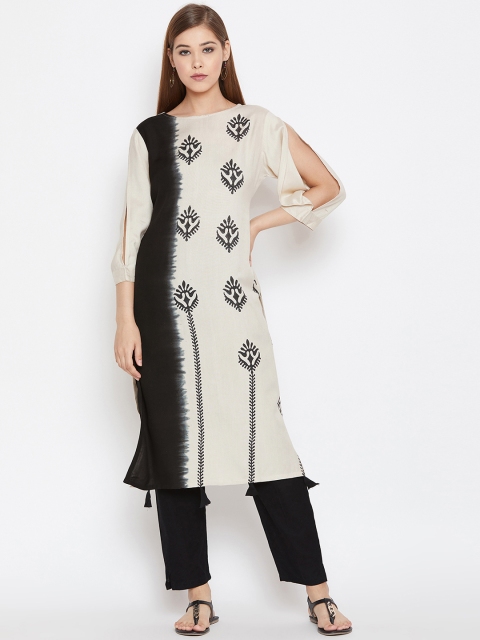 

studio rasa Women Beige & Black Hand Block Printed Straight Kurta