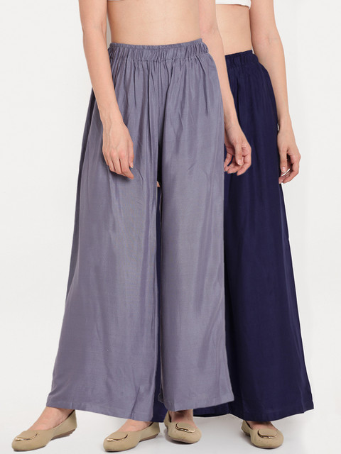 

TAG 7 Women Pack Of 2 Grey & Navy Blue Solid Flared Palazzos