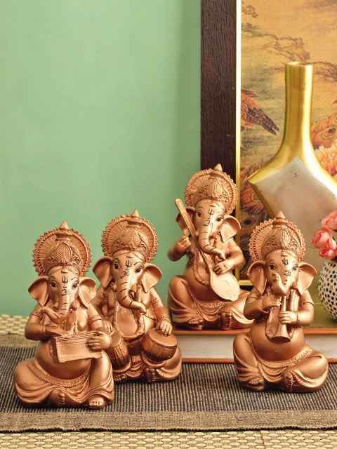 

TIED RIBBONS Set of 4 Copper-Toned Lord Ganesha Playing Musical Instruments