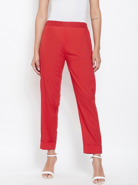 

Meee Women Red Regular Fit Solid Cigarette Trousers