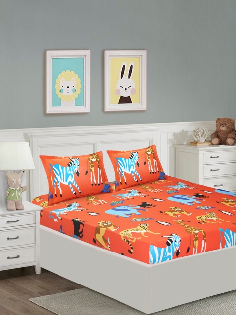 

Yellow Kite Orange Graphic 144 TC Cotton 1 Queen Bedsheet with 2 Pillow Covers