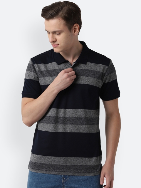 

Peter England Casuals Men Navy Blue & Grey Striped Polo Collar T-shirt