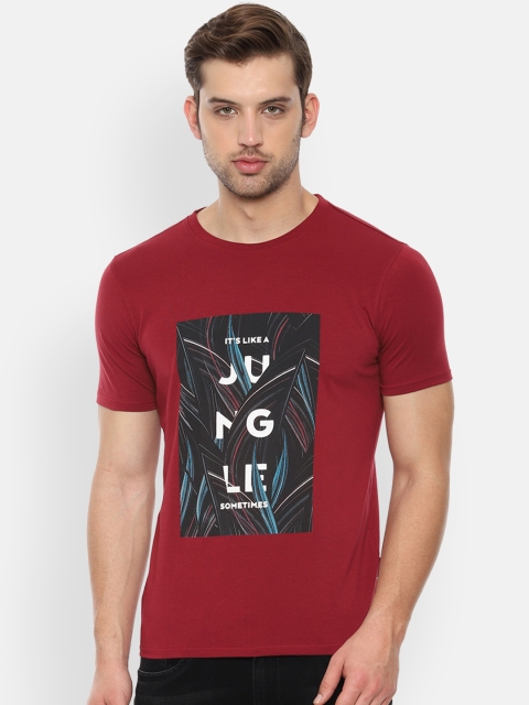

V Dot Men Maroon Printed Round Neck Slim Fit T-shirt