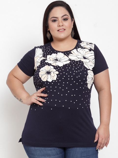 

plusS Women Navy Blue & White Printed Round Neck T-shirt