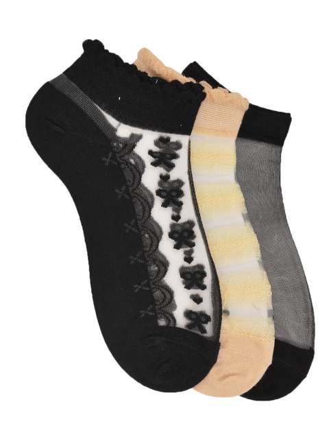 MARC Women Pack Of 3 Patterned Ankle Length Socks, Black