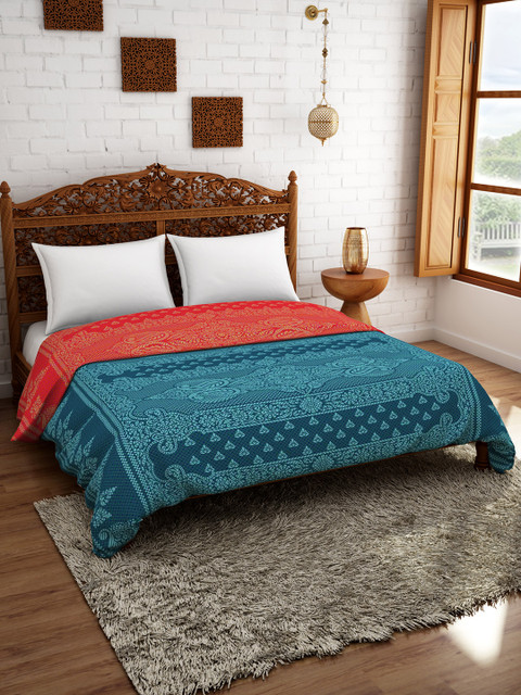 

SPACES Teal Blue Ethnic Motifs AC Room 150 GSM Double Bed Quilt