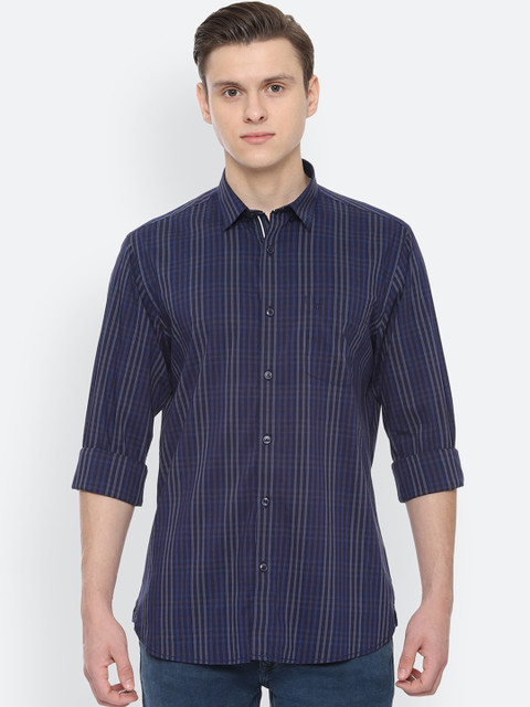 

Allen Solly Men Navy Blue & Off-White Checked Slim Fit Casual Shirt