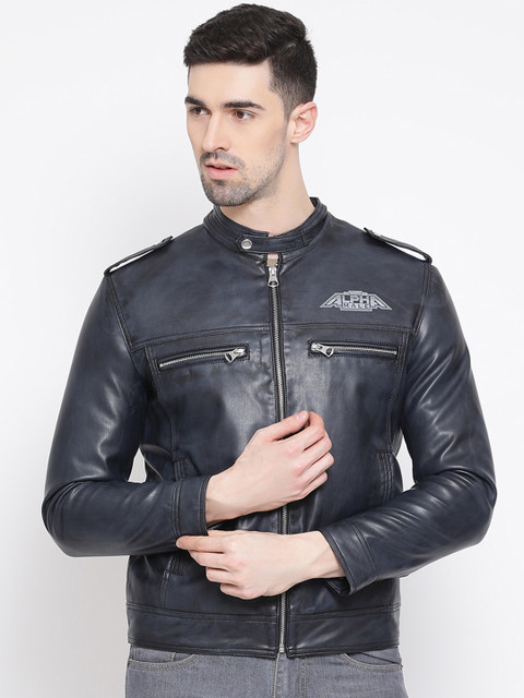 

Justanned Men Blue Solid Biker Jacket
