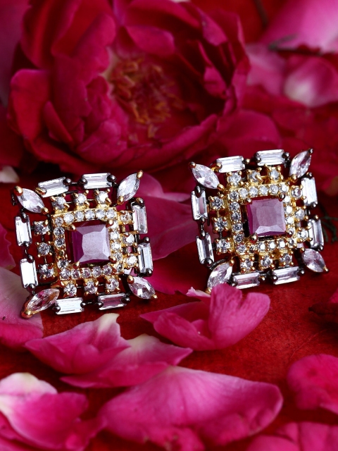 

Bhana Fashion Rhodium-Plated American Diamond Square Studs, Magenta