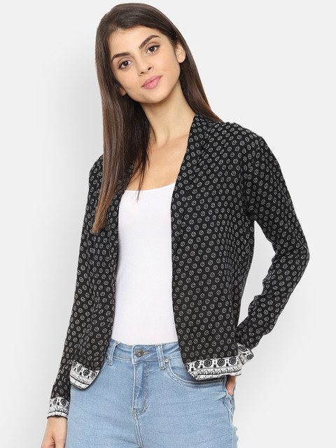 

People Women Black & White Printed Open Front Jacket