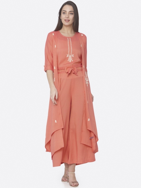 

RAISIN Women Coral Pink Embroidered Top with Palazzos & Ethnic Jacket