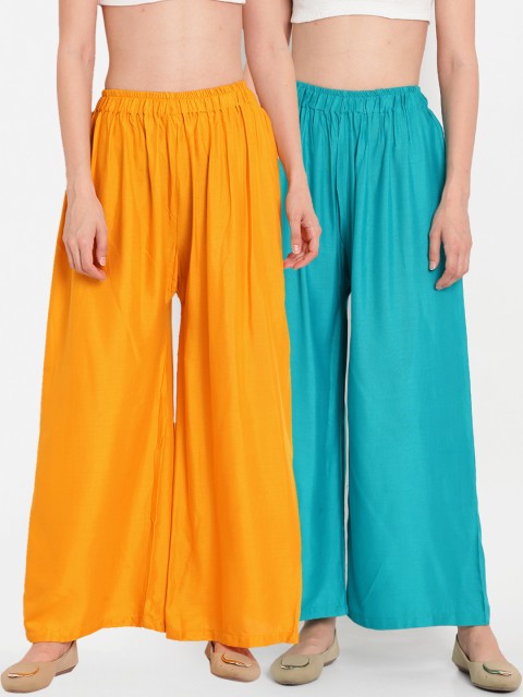 

TAG 7 Women Pack Of 2 Yellow & Teal Blue Solid Flared Palazzos