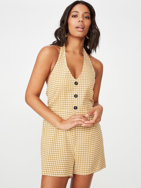

COTTON ON Women Yellow & Off-White Checked Playsuit