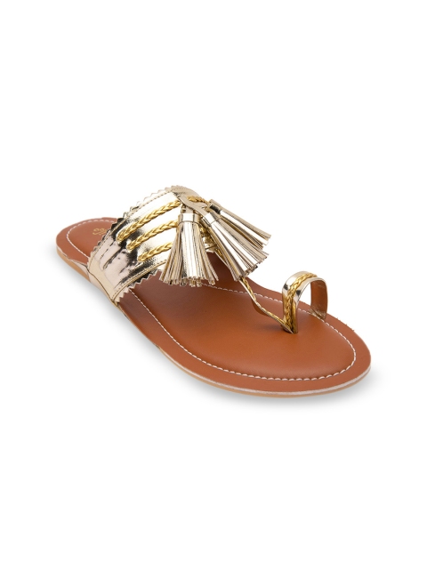 

Jivaana Women Gold-Toned Embellished Synthetic Patent T-Strap Flats