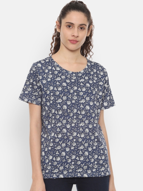 

Van Heusen Woman Navy Blue Off-White Printed Round Neck Pure Cotton T-shirt