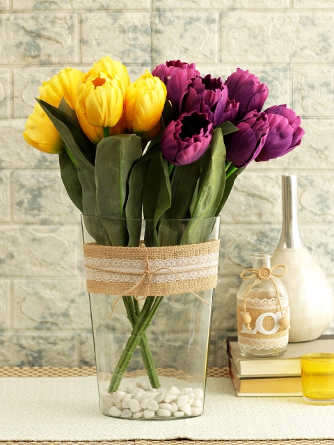 

TIED RIBBONS Set of 2 Purple & Yellow Artificial Flower Bunches With Vase